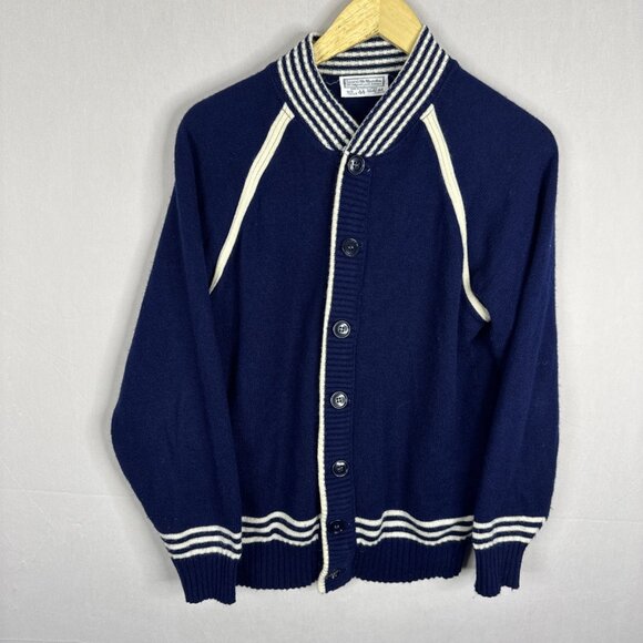 Vintage Sears Varsity Cardigan Navy Blue Striped Trim Button Front Men’s 44 - Picture 1 of 7